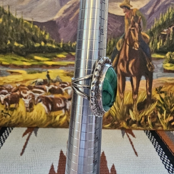 Vintage Sterling Silver Malachite Stone Statement Ring Oval Round - Picture 3 of 10